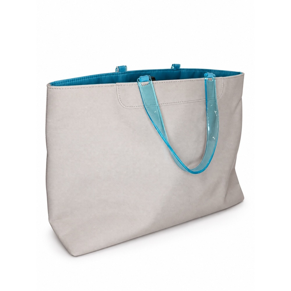 Vintage Estee Lauder Beige Canvas Tote Bag Turquoise Lucite Handles Large 18x11